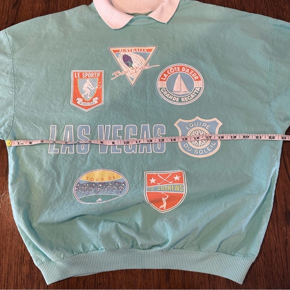 Vintage 90s Teal Graphic Pullover Las Vegas Travel Patch Collared Large - Picture 13 of 14